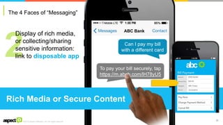 ©2016 Aspect Software, Inc. All rights reserved
22
The 4 Faces of “Messaging”
Display of rich media,
or collecting/sharing
sensitive information:
link to disposable app
ABC Bank
Can I pay my bill
with a different card
To pay your bill securely, tap
https://m.abcb.com/lH78yU5
Rich Media or Secure Content
 