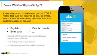 ©2016 Aspect Software, Inc. All rights reserved
Detour: What’s a “Disposable App”?
• Reach the 96% of customers who aren’t regular
users of your mobile app
• Turn texting into a secure channel
• Complements your existing mobile native app
A special-purpose, context-aware, secure HTML5
mobile Web app that requires no prior download,
works across all smartphone platforms, lets your
customer engage on the spot
25
• Pay bills • View lab results
• Enter data • …
 