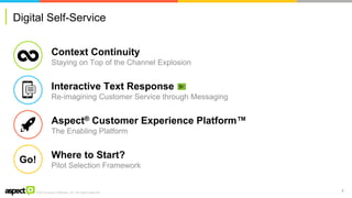 ©2016 Aspect Software, Inc. All rights reserved
Digital Self-Service
2
Context Continuity
Staying on Top of the Channel Explosion
Interactive Text Response
Re-imagining Customer Service through Messaging
Aspect® Customer Experience Platform™
The Enabling Platform
Where to Start?
Pilot Selection Framework
Go!
 