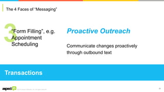 ©2016 Aspect Software, Inc. All rights reserved
Transactions
29
The 4 Faces of “Messaging”
Proactive Outreach
Communicate changes proactively
through outbound text
“Form Filling”, e.g.
Appointment
Scheduling
 