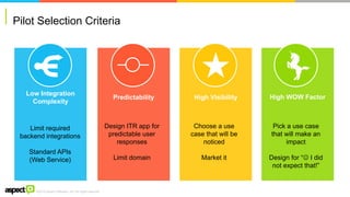 ©2016 Aspect Software, Inc. All rights reserved
Pilot Selection Criteria
Predictability
Design ITR app for
predictable user
responses
Limit domain
High WOW Factor
Pick a use case
that will make an
impact
Design for “ I did
not expect that!”
High Visibility
Choose a use
case that will be
noticed
Market it
Low Integration
Complexity
Limit required
backend integrations
Standard APIs
(Web Service)
 