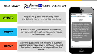 ©2016 Aspect Software, Inc. All rights reserved
Meet Edward, ‘s SMS Virtual Host
WHAT?
Adapt to our guests’ ever-evolving needs
and deliver a new level of service excellence
WHY?
Respond to new guest behavior, stay relevant,
stay competitive through service quality, reduce
cost through automation
HOW?
Welcome guest with a text, respond to questions
instantaneously via AI, involve staff where needed,
offer option to receive call to bridge self- and live
service
Welcome to the Radisson
Blu Edwardian Grafton.
My name is Edward and
I’m your virtual host. If I
may be of assistance,
please text me. Examples:
apps.edwardian.com/
e/003ed.html
 