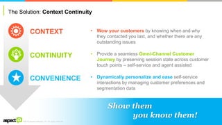 ©2016 Aspect Software, Inc. All rights reserved
Show them
you know them!
• Wow your customers by knowing when and why
they contacted you last, and whether there are any
outstanding issues
• Provide a seamless Omni-Channel Customer
Journey by preserving session state across customer
touch points – self-service and agent assisted
• Dynamically personalize and ease self-service
interactions by managing customer preferences and
segmentation data
The Solution: Context Continuity
CONTEXT
CONTINUITY
CONVENIENCE
 