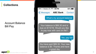 ©2016 Aspect Software, Inc. All rights reserved
Collections
57
What’s my account balance
Account Balance
Bill Pay Your balance is $89.30 and is
due on 6/13/16. Would you like
to pay now with card on file?
Yes, pay full
You have paid $89.30. Your new
balance is $0. Thanks and have
a great day
ABC Bank
 