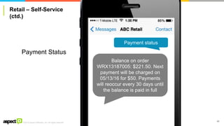 ©2016 Aspect Software, Inc. All rights reserved
Retail – Self-Service
(ctd.)
60
Payment status
Balance on order
WRX13187005: $221.50. Next
payment will be charged on
05/13/16 for $50. Payments
will reoccur every 30 days until
the balance is paid in full
Payment Status
 