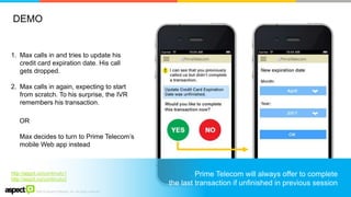 ©2016 Aspect Software, Inc. All rights reserved
7
1. Max calls in and tries to update his
credit card expiration date. His call
gets dropped.
2. Max calls in again, expecting to start
from scratch. To his surprise, the IVR
remembers his transaction.
http://aspct.co/continuity1
http://aspct.co/continuity2
OR
Max decides to turn to Prime Telecom’s
mobile Web app instead
Prime Telecom will always offer to complete
the last transaction if unfinished in previous session
DEMO
 