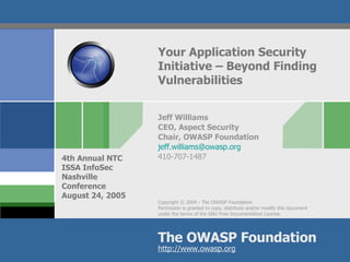 Your Application Security Initiative – Beyond Finding Vulnerabilities Jeff Williams CEO, Aspect Security Chair, OWASP Foundation [email_address] 410-707-1487 