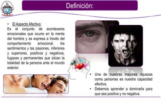 Definición:

• El Aspecto Afectivo:
Es el conjunto de aconteceres
emocionales que ocurre en la mente
del hombre y se expresa a través del
comportamiento       emocional,     los
sentimientos y las pasiones, inferiores
y superiores, positivos y negativos,
fugaces y permanentes que sitúan la
totalidad de la persona ante el mundo
exterior.
                                                   • Una de nuestras mayores riquezas
                                                     como personas es nuestra capacidad
                                                     afectiva.
                                                   • Debemos aprender a dominarla para
                                                     que sea positiva y no negativa.
 