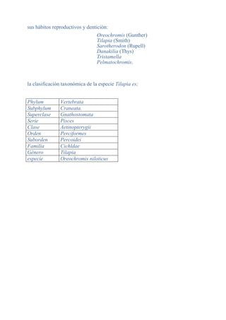 sus hábitos reproductivos y dentición:
Oreochromis (Gunther)
Tilapia (Smith)
Sarotherodon (Rupell)
Danakilia (Thys)
Tristamella
Pelmatochromis.
la clasificación taxonómica de la especie Tilapia es;
Phylum Vertebrata
Subphylum Craneata.
Superclase Gnathostomata
Serie Pisces
Clase Aetinopterygii
Orden Perciformes
Suborden Percoidei
Familia Cichldae
Género Tilapia
especie Oreochromis niloticus
 