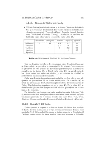 4.3. ONTOLOG´IA DEL CAT ´ALOGO 105
4.3.4.1. Ejemplo 1: Cl´ınica Veterinaria
Valores Discretos relacionados con el atributo Character de la tabla
Cat y su relaciones de similitud. Los valores discretos deﬁnidos son:
Agresivo (Aggresive), Tranquilo (Calm), Inquieto (eager), Indifer-
ente (Indiferent), Cari˜noso (Loving). La relaci´on de similitud es-
tablecida entre estos valores se describe en la tabla 4.8.
Indiferente Tranquilo Cari˜noso Inquieto Agresivo
Indiferente 1 0.8 0 .3 0.4 0.1
Tranquilo 1 0.5 0 0
Cari˜noso 1 0.2 0.1
Inquieto 1 0.5
Agresivo 1
Tabla 4.8: Relaciones de Similitud del Atributo Character
Una vez descritos los valores del esquema de bases de datos difusas que
se desea deﬁnir, se procede a la instanciaci´on del mismo. Concretamente
se presentan en este ejemplo las instancias generadas para la deﬁnici´on
completa de las tablas Cat y Breed en la tabla 4.9, ya que el resto de
las tablas tienen una deﬁnici´on similar, y por motivos de claridad es
preferible su exclusi´on del documento.
Cada una de estas instancias queda deﬁnida por los valores que ad-
quieren las propiedades de las clases instanciadas. En la tabla 4.10 se
listan las propiedades de objeto m´as representativas de las instancias de
Cats y Breed descritas anteriormente en la tabla 4.9. En la tabla 4.11 se
describen las propiedades de tipo de datos b´asicos, que deﬁnen los valores
ﬁnales del esquema.
Por ´ultimo hay que destacar, que todas aquellas instancias de la clase Table
(o como subclase Base Table) se convierten a su vez en clases tambi´en. As´ı pues
tendr´ıamos generadas en el ejemplo descrito una clase: Cats, Visit, Breed,
Medicine, Treatment, Sporadic Treatment, Periodical Treatment y Prescribe.
4.3.4.2. Ejemplo 2: BD Suelos
En este ejemplo se propone la utilizaci´on de una BD Difusa Real, como la
de Suelos descrita en el Anexo C y cuyo esquema se encuentra deﬁnido en el
apartado C.1.2. Dicha deﬁnici´on supone la instanciaci´on de la Ontolog´ıa del
Cat´alogo, concretamente de todas aquellas clases que permitan la deﬁnici´on
 