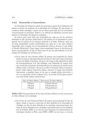 118 CAP´ITULO 4. FKRO
4.4.2. Generaci´on o Conversiones
La Ontolog´ıa del Esquema puede ser generada a partir de la deﬁnici´on del
mismo en forma de instancia de la Ontolog´ıa del Cat´alogo. De esta forma, se
comienza dicha ontolog´ıa a partir de las clases generadas por las metaclases
(concretamente la metaclase Tables) y se realizan las siguientes acciones para
obtener la Ontolog´ıa del Esquema completa.
Se genera para cada tabla una propiedad por cada uno de los atributos
deﬁnidos en ella (atributo tableColumn). El nombre de la propiedad se corre-
sponde con el nombre de la columna asociada a la tabla. Adem´as, cada una
de estas propiedades tendr´a cardinalidad con valor de 1, un valor at´omico
indivisible, para cumplir con la normalizaci´on (Forma Normal 1) que deﬁne
el Modelo Relacional. Como rango estas propiedades tienen la estructura de
datos correspondiente al tipo de datos para el que ha sido deﬁnido en la On-
tolog´ıa del Cat´alogo, de tal forma que:
Si se trata de una columna difusa: Se genera una propiedad de objeto
donde el rango se ﬁja dependiendo del tipo de dato que tenga el dominio
al que este ligado el atributo. As´ı pues este rango se ﬁja siguiendo la tabla
de correspondencias 4.15. Sin embargo, esta deﬁnici´on de rangos tiene
una excepci´on consistente determinada por la existencia de restricciones
difusas sobre el dominio. As´ı pues si sobre el dominio difuso correspon-
diente existe alguna restricci´on difusa, entonces el rango esta limitado
´unicamente a aquellas clases en las que se cumpla dicha restricci´on, y
no a su superclase (v´ease la ﬁgura 4.11 y la secci´on 4.3.3.3 para conocer
con m´as detalle dichas restricciones).
Tipo de Dato Difuso Estructura de Dato Difusa
FType1 FType1 Struct
FType2 FType2 Struct
FType3 FType3 Struct
Tabla 4.15: Correspondencia de los tipos de datos difusos con las estructuras
de datos difusas en la ontolog´ıa
Si se trata de una Columna Cl´asica: Se genera una propiedad de tipo de
datos, donde se asocia a cada tipo de dato deﬁnido en la Ontolog´ıa del
Cat´alogo un tipo de dato deﬁnido en la ontolog´ıa representacional. Los
tipos de datos deﬁnidos en la ontolog´ıa representacional son los deﬁnidos
por el est´andar XML en el caso de usar lenguajes de representaci´on de
ontolog´ıas basados en Web, como OWL o RDF, en otro caso, se vincula
 
