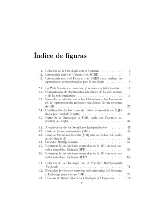 ´Indice de ﬁguras
1.1. Relaci´on de la Ontolog´ıa con el Entorno . . . . . . . . . 4
1.2. Interacci´on entre el Usuario y el SGBD . . . . . . . . . . 5
1.3. Interacci´on entre el Usuario y el SGBD para realizar las
operaciones proporcionadas por la ontolog´ıa . . . . . . . 6
2.1. La Web Sem´antica, usuarios, y acceso a la informaci´on . 12
2.2. Comparaci´on de documentos obtenidos de la web normal
y de la web sem´antica . . . . . . . . . . . . . . . . . . . 14
2.3. Ejemplo de relaci´on entre las Metaclases y las Instancias
en la representaci´on mediante ontolog´ıas de un esquema
de BD . . . . . . . . . . . . . . . . . . . . . . . . . . . . 25
2.4. Clasiﬁcaci´on de los tipos de datos expresados en SQL4
dada por Pardede [Par05] . . . . . . . . . . . . . . . . . 30
2.5. Parte de la Ontolog´ıa en UML dada por Calero et al.
[Cal06] del SQL4 . . . . . . . . . . . . . . . . . . . . . . 32
3.1. Arquitectura de los Servidores Independientes . . . . . . 47
3.2. Base de Metaconocimiento (MB) . . . . . . . . . . . . . 49
3.3. Base de Metaconocimiento (MB) con las tablas del cat´alo-
go de Oracle c . . . . . . . . . . . . . . . . . . . . . . . 51
3.4. Servidor Multiprop´osito . . . . . . . . . . . . . . . . . . 53
3.5. Resumen de las acciones ocurridas en la MB en una con-
sulta compleja. Ejemplo DFD1 . . . . . . . . . . . . . . . 56
3.6. Resumen de las acciones ocurridas en la MB en una con-
sulta compleja. Ejemplo DFD2 . . . . . . . . . . . . . . . 60
4.1. Relaci´on de la Ontolog´ıa con el Servidor Multiprop´osito
Uniﬁcado . . . . . . . . . . . . . . . . . . . . . . . . . . 71
4.2. Ejemplos de v´ınculos entre las sub-ontolog´ıas del Esquema
y Cat´alogo para cuatro BDD . . . . . . . . . . . . . . . . 74
4.3. Proceso de Desarrollo de la Ontolog´ıa del Esquema . . . 78
v
 