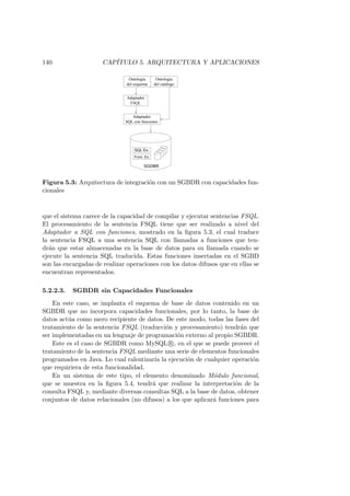 140 CAP´ITULO 5. ARQUITECTURA Y APLICACIONES
Func. Ex.
SQL Ex.
SGDBR
SQL con funciones
Adaptador
FSQL
Adaptador
Ontología
del esquema
Ontología
del catálogo
Figura 5.3: Arquitectura de integraci´on con un SGBDR con capacidades fun-
cionales
que el sistema carece de la capacidad de compilar y ejecutar sentencias FSQL.
El procesamiento de la sentencia FSQL tiene que ser realizado a nivel del
Adaptador a SQL con funciones, mostrado en la ﬁgura 5.3, el cual traduce
la sentencia FSQL a una sentencia SQL con llamadas a funciones que ten-
dr´an que estar almacenadas en la base de datos para su llamada cuando se
ejecute la sentencia SQL traducida. Estas funciones insertadas en el SGBD
son las encargadas de realizar operaciones con los datos difusos que en ellas se
encuentran representados.
5.2.2.3. SGBDR sin Capacidades Funcionales
En este caso, se implanta el esquema de base de datos contenido en un
SGBDR que no incorpora capacidades funcionales, por lo tanto, la base de
datos act´ua como mero recipiente de datos. De este modo, todas las fases del
tratamiento de la sentencia FSQL (traducci´on y procesamiento) tendr´an que
ser implementadas en un lenguaje de programaci´on externo al propio SGBDR.
Este es el caso de SGBDR como MySQL R , en el que se puede proveer el
tratamiento de la sentencia FSQL mediante una serie de elementos funcionales
programados en Java. Lo cual ralentizar´ıa la ejecuci´on de cualquier operaci´on
que requiriera de esta funcionalidad.
En un sistema de este tipo, el elemento denominado M´odulo funcional,
que se muestra en la ﬁgura 5.4, tendr´a que realizar la interpretaci´on de la
consulta FSQL y, mediante diversas consultas SQL a la base de datos, obtener
conjuntos de datos relacionales (no difusos) a los que aplicar´a funciones para
 