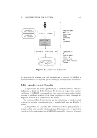 5.2. ARQUITECTURA DEL SISTEMA 143
INTERFAZ USUARIO
GENERADOR
DE
CONSULTA
ONTOLOGIA
DELCATALOGO
INTERPRETE /ADAPTADOR BD
SGBD
SGBD SGBD
ARQUITECTURA
PARA LA
GENERACION
DE LA
ONTOLOGÍA
DE
CONSULTA
ARQUITECTURA
DE
COMUNICACION
CON LA BD
(extensión en la
figura 5.5 " Arquitectura
Unificada ")
ONTOLOGIA
DELESQUEMA
Figura 5.6: Arquitectura de Consulta
de programaci´on gen´erico, que est´e aceptado por la mayor´ıa de SGBDR, y
fundamentalmente por aquellos que no dispongan de capacidades funcionales.
5.2.3. Arquitectura de Consulta
La arquitectura del sistema planteada en el apartado anterior, est´a dise-
˜nada para la deﬁnici´on de la Ontolog´ıa del Esquema y su posterior comuni-
caci´on con el SGBDRD correspondiente para su correcta generaci´on. Incluso
tambi´en es v´alida en la deﬁnici´on de datos (tuplas) sobre dicha Ontolog´ıa del
Esquema, a trav´es de la instanciaci´on del mismo.
Sin embargo, el ﬂujo de informaci´on que hay en la misma es unidireccional,
es decir, no permite comunicaci´on con el usuario ﬁnal una vez deﬁnido el
mismo.
La Arquitectura de Consulta debe establecer las bases para permitir al
usuario deﬁnir una consulta relacionada con el Esquema sobre el que quiere
consultar, de forma transparente al SGBDRD consultado, y devolver al mismo
 