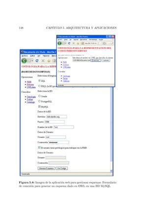 148 CAP´ITULO 5. ARQUITECTURA Y APLICACIONES
Figura 5.8: Imagen de la aplicaci´on web para gestionar esquemas. Formulario
de conexi´on para generar un esquema dado en OWL en una BD MySQL
 