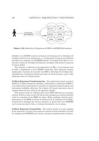 164 CAP´ITULO 5. ARQUITECTURA Y APLICACIONES
SQL Server
SGBDRs
ONTOLOGÍA
DELESQUEMA
DB2
PostgreSQL SyBase
Oracle MySQL
...
Figura 5.19: Deﬁnici´on de Esquemas de BDD en SGBDR Heterog´eneos
deﬁnido en un SGBDR concreto al formato de instancias de la Ontolog´ıa del
Cat´alogo descrito en la arquitectura y a continuaci´on el proceso de deﬁnici´on
del mismo en cualquier otro SGBDRD distinto. Ni siquiera har´ıa falta su tra-
ducci´on a forma de Ontolog´ıa del Esquema. La ﬁgura 5.20 muestra el proceso
de forma gr´aﬁca.
Este proceso es habitual en las migraciones de BD, a otros sistemas m´as
actuales o simplemente a otros SGBDS comerciales. Esta operaci´on requiere
implementar el proceso de convertir una BDD a Ontolog´ıa del Cat´alogo (fun-
cionalidad que actualmente habr´ıa que hacer de forma manual y que se deja
planteada como un trabajo futuro).
Uniﬁcar Esquemas Complementarios Esta aplicaci´on consiste en la posi-
bilidad de Uniﬁcar Esquemas deﬁnidos o distribuidos en diferentes SGBDs y
cuya informaci´on representada no coincide en contenido sem´antico puesto que
representan realidades diferentes. En la ﬁgura 5.21 puede observarse c´omo el
esquema ﬁnal ser´a una uni´on de los esquemas iniciales.
Este proceso suele ser utilizado para aunar BDD diferentes en un mismo
entorno. Se lleva a cabo a trav´es del uso de una ontolog´ıa que contiene deﬁnidos
todos los conceptos de las BDDs de origen. Dicha ontolog´ıa unir´a las repre-
sentaciones de las BDDs en forma de instancias de la Ontolog´ıa del Cat´alogo.
A partir de la ontolog´ıa que une los esquemas, se genera bien otro SGBDRD
con la estructura ﬁnal o bien, se trabaja directamente con la misma.
Uniﬁcar Esquemas Compatibles Esta ´ultima opci´on es la m´as compleja
de las anteriores y la ´unica cuya puesta en marcha no ser´ıa inmediata. Se trata
de combinar dos SGBDRD que contiene conceptos sem´anticamente similares.
 