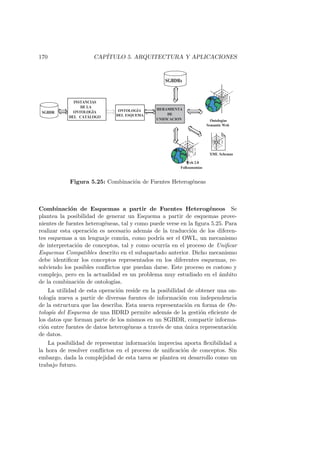 170 CAP´ITULO 5. ARQUITECTURA Y APLICACIONES
ONTOLOGÍA
DELESQUEMA
HERAMIENTA
DE
UNIFICACION Ontologias
Semantic Web
XMLSchemas
Web 2.0
Folksonomias
INSTANCIAS
DE LA
ONTOLOGÍA
DEL CATÁLOGO
SGBDR
SGBDRs
Figura 5.25: Combinaci´on de Fuentes Heterog´eneas
Combinaci´on de Esquemas a partir de Fuentes Heterog´eneos Se
plantea la posibilidad de generar un Esquema a partir de esquemas prove-
nientes de fuentes heterog´eneas, tal y como puede verse en la ﬁgura 5.25. Para
realizar esta operaci´on es necesario adem´as de la traducci´on de los diferen-
tes esquemas a un lenguaje com´un, como podr´ıa ser el OWL, un mecanismo
de interpretaci´on de conceptos, tal y como ocurr´ıa en el proceso de Uniﬁcar
Esquemas Compatibles descrito en el subapartado anterior. Dicho mecanismo
debe identiﬁcar los conceptos representados en los diferentes esquemas, re-
solviendo los posibles conﬂictos que puedan darse. Este proceso es costoso y
complejo, pero en la actualidad es un problema muy estudiado en el ´ambito
de la combinaci´on de ontolog´ıas.
La utilidad de esta operaci´on reside en la posibilidad de obtener una on-
tolog´ıa nueva a partir de diversas fuentes de informaci´on con independencia
de la estructura que las describa. Esta nueva representaci´on en forma de On-
tolog´ıa del Esquema de una BDRD permite adem´as de la gesti´on eﬁciente de
los datos que forman parte de los mismos en un SGBDR, compartir informa-
ci´on entre fuentes de datos heterog´eneas a trav´es de una ´unica representaci´on
de datos.
La posibilidad de representar informaci´on imprecisa aporta ﬂexibilidad a
la hora de resolver conﬂictos en el proceso de uniﬁcaci´on de conceptos. Sin
embargo, dada la complejidad de esta tarea se plantea su desarrollo como un
trabajo futuro.
 