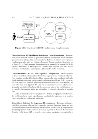 174 CAP´ITULO 5. ARQUITECTURA Y APLICACIONES
GENERADOR
DECONSULTA
ONTOLOGIA
DEL ESQUEMA
A+B+ C
SGBDR 2
BDDB
SGBDR 1
BDD A
SGBDR 3
BDD C
Figura 5.28: Consulta a SGBDRD con Esquemas Complementarios
Consulta entre SGBDRD con Esquemas Complementarios Esta ca-
su´ıstica se dar´ıa en consultas que desean buscar informaci´on sobre sistemas
que contienen informaci´on complementaria. Este es el mismo caso expuesto
en el subapartado anterior Uniﬁcar Esquemas Complementarios ilustrado en
la ﬁgura 5.21. En dicho caso, ´unicamente ser´ıa necesario la generaci´on de la
consulta utilizando la Ontolog´ıa del Esquema que engloba cada uno de los
esquemas involucrados. En la ﬁgura 5.28 se ilustra dicha operaci´on.
Consulta entre SGBDRD con Esquemas Compatibles En esta ocasi´on
se desea consultar informaci´on sobre varios esquemas que contienen informa-
ci´on com´un o similar. Este hecho obliga a desarrollar una ontolog´ıa uniﬁcada
donde existan conceptos que comparten el mismo signiﬁcado (tal y como se
vio en el apartado Uniﬁcar Esquemas Compatibles ilustrado en la ﬁgura 5.22
y en este caso en la ﬁgura 5.29. Una vez los esquemas han sido adaptados y
generada una ´unica Ontolog´ıa del Esquema que aune a las participantes en
la consulta, la consulta podr´a ser realizada y el resultado devuelto al usuario
ﬁnal.
Dicha operatividad supone un gran costo dada la complejidad y naturaleza
del problema, tal y como especiﬁcamos en el anterior apartado y se plantea
como un trabajo a realizar en un futuro.
Consulta al Entorno de Esquemas Heterog´eneos Esta operaci´on pro-
pone la consulta de informaci´on a cualquier esquema fuente de datos, sin im-
portar que sea relacional o contenga datos difusos. En este caso, y tal y como se
describi´o para la Combinaci´on de Esquemas a partir de Fuentes Heterog´eneas
descrita en la ﬁgura 5.25 se considera necesaria, una primera adaptaci´on a
 