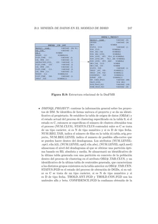 B.3. MINER´IA DE DATOS EN EL MODELO DE BDRD 247
DMFSQ L_PROYECT
PROYECT _NAME : VARCHAR2 (50)
OWNER#: VARCHAR2 (30)
OBJ#: NUMBER
STATUS_ CLUS : VARCHAR2 (1)
NUM _CLUS : NUMBER(4)
NUM _REG_TAB: NUMBER(8)
NUM _REG_LEVEL: NUMBER(4)
NUM _LEVEL_ OPT1 _VILA _H3: NUMBER(4)
NUM _LEVEL_OPT_ VILA _ABS: NUMBER(4)
NUM _LEVEL_ OPT3 _MED : NUMBER(4)
OBJ#_TAB_ CLUS : NUMBER
OBJ#_TAB_ CEN : NUMBER
STATUS_ FGD: VARCHAR2 (1)
THOLD _ANT_ FDG: NUMBER(3,2)
THOLD _CON_ FGD: NUMBER(3,2)
CONFIDENCE_ FGD: NUMBER(3,2)
SUPORT _FGD: NUMBER(3,2)
DEF _TABLE_SPACE: VARCHAR2 (500)
TRACE_LEVEL: NUM ER(1)
PATH_TRACE_FILE: VARCHAR2 (150)
NAME_TRACE_FILE: VARCHAR2 (50)
DMFSQL _COL _LIST
PROYECT _NAME : VARCHAR2 (50)( FK)
COL _TYPE : VARCHAR2 (1)
COL #: NUMBER
WEIGHT_ CLU : NUMBER(10,9)
FUZZY_COMP_ CLU : VARCHAR2 (5)
LOG_ OPER _CLU : VARCHAR2 (3)
ABSTRACTION_LEVEL_ CEN : VARCHAR2 (1)
FUZZY_COMP_ CEN : VARCHAR2 (5)
LOG_ OPER _CEN : VARCHAR2 (5)
FUZZY_COMP_ CLA : VARCHAR2 (5)
LOG_ OPER _CLA : VARCHAR2 (5)
WEIGHT_ CLA : NUMBER(10,9)
FUZZY_COMP_ FGK: VARCHAR2 (5)
THOLD _FGD: NUMBER(3,2)
Figura B.9: Estructura relacional de la DmFMB
DMFSQL PROJECT: contiene la informaci´on general sobre los proyec-
tos de DM. Se identiﬁca de forma un´ıvoca el proyecto y se da un identi-
ﬁcativo al propietario. Se establece la tabla de origen de datos (OBJ#) y
el estado actual del proceso de clustering especiﬁcado en la tabla 9, si el
estado es C, entonces se especiﬁcan el n´umero de clusters obtenidos tras
el proceso (NUM CLUS). STATUS CLUS contendr´a valor es C se trata
de un tipo car´acter, si es N de tipo num´erico y si es D de tipo fecha.
NUM REG TAB, indica el n´umero de ﬁlas en la tabla id tabla orig pro-
yecto, NUM REG LEVEL indica el numero de posibles alfa-cortes que
se pueden hacer dentro del dendograma. Los atributos (NUM LEVEL-
opt1 vila h3), (NUM LEVEL opt2 vila abs), (NUM LEVEL opt3 med)
almacenan el nivel del dendograma al que se obtiene una partici´on ´opti-
ma basado en H3, absoluta y media. Se almacenar´a un identiﬁcativo de
la ´ultima tabla generada con una partici´on en concreto de la poblaci´on
dentro del proceso de clustering en el atributo OBJ# TAB CLUS, y un
identiﬁcativo de la ultima tabla de centroides generada, que caracterizan
a los distintos grupos existentes en la tabla anterior en OBJ# TAB CEN.
STATUS FGD es el estado del proceso de obtenci´on de DGDs, si su val-
or es C se trata de un tipo car´acter, si es N de tipo num´erico y si
es D de tipo fecha. THOLD ANT FGD y THOLD CON FGD son los
umbrales alfa y beta. CONFIDENCE FGD la conﬁanza obtenida de la
 