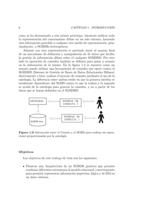 6 CAP´ITULO 1. INTRODUCCI ´ON
como se ha denominado a este primer prototipo, intentar´a uniﬁcar toda
la representaci´on del conocimiento difuso en un solo entorno, haciendo
esta informaci´on portable a cualquier otro medio de representaci´on, prin-
cipalmente, a SGBDRs heterog´eneos.
Adem´as con esta representaci´on se pretende dotar al usuario ﬁnal
de un mecanismo de deﬁnici´on y manipulaci´on de de datos que facilite
la gesti´on de informaci´on difusa sobre el cualquier SGBDRD. Por otro
lado la operaci´on de consulta tambi´en se deﬁnir´a para guiar a usuario
en la elaboraci´on de la misma. En la ﬁgura 1.3 se muestra como un
usuario puede utilizar una herramienta de consulta que opere contra el
SGBDRD (Sistema de Gesti´on de Bases de Datos Relacionales Difusos)
directamente o bien, realizar el proceso de consulta mediante el uso de la
ontolog´ıa. La diferencia entre ambas reside en que la primera interfaz es
totalmente dependiente del SGBD contra la que la realiza y la segunda
se ayuda de la ontolog´ıa para generar la consulta, y no a partir de los
datos que se hayan deﬁnidos en el SGBDRD.
INTERFAZ DE
CONSULTA 1
SGBDR Difuso
ONTOLOGIA INTERFAZ DE
CONSULTA 2
Figura 1.3: Interacci´on entre el Usuario y el SGBD para realizar las opera-
ciones proporcionadas por la ontolog´ıa
Objetivos
Los objetivos de este trabajo de tesis son los siguientes:
Plantear una Arquitectura de un SGBDR gen´erica que permita
combinar diferentes extensiones al modelo relacional, concretamente,
para permitir representar informaci´on imprecisa, l´ogica y de DM en
un ´unico sistema.
 