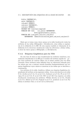 C.1. DESCRIPCI ´ON DEL ESQUEMA DE LA BASE DE DATOS 255
biblio VARCHAR(14),
autor VARCHAR(8),
cod_perf NUMERIC,
cod_ecol VARCHAR(2),
cod_hori NUMERIC,
PRIMARY KEY (latitud,longitud)
FOREIGN KEY (bib lio,autor) REFERENCES
Bibliograf´ıa(biblio,autor),
FOREIGN KEY (cod_perf,cod_ecol,cod_hori)
REFERENCES Identificacion(cod_perf,cod_ecol,cod_hori))
Dado que se tratan como claves ajenas en la tabla Localizaci´on todos los
atributos de las tablas Bibliograf´ıa e Identiﬁcaci´on, estas tablas se suprimi-
r´an de la deﬁnici´on de la BD. De esta manera tambi´en se eliminar´an de la
deﬁnici´on de la estructura Localizaci´on todas las referencias a dichas tablas,
es decir las claves ajenas a Bibliograf´ıa y a Identiﬁcaci´on.
C.1.3. Etiquetas Ling¨u´ısticas para los TD2
En esta base de datos se han transformado los atributos num´ericos, nor-
malmente identiﬁcados en la BD por el nombre del atributo seguido de ¨ gr¨,
por otros atributos de car´acter difuso con el mismo nombre pero sin dicha
extensi´on. Estos atributos est´an deﬁnidos bajo un referencial ordenado pero
los valores que van a contener estar´an formados fundamentalmente por eti-
quetas ling¨u´ısticas cuyos valores se muestran en las tablas que se describen a
continuaci´on.
Los atributos de la tabla Analiticos, deﬁnen sus etiquetas ling¨u´ısticas de-
pendiendo del atributo en las siguientes tablas: Arena est´a descrita en la tabla
C.13, Arcilla en la C.14, Co en la C.15, Carbonat en la C.16, Ph en la C.17,
Agua Uti en la C.18, Fe en la C.19, CEC en la C.20. Con respecto a la tabla
Localizaci´on encontramos los atributos: PMedia descrita en la C.8, Tmedia
en la C.9, Altitud en la C.10, Profundi en la C.11, pendiente en la C.12. Por
´ultimo el atributo Clase es en la C.21 en Estructura.
 