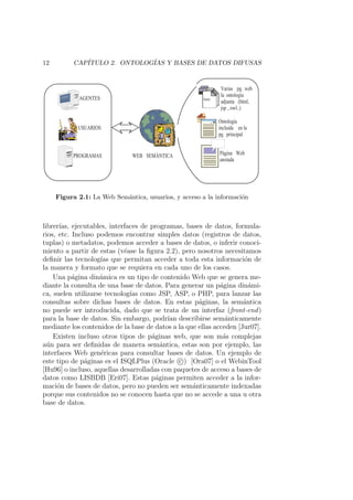 12 CAP´ITULO 2. ONTOLOG´IAS Y BASES DE DATOS DIFUSAS
AGENTES
USUARIOS
PROGRAMAS WEB SEMÁNTICA
<<Clie
nt>>
<<Clie
nt>>
html
Varias pg. web
la ontología
adjunta (html,
jsp, owl..)
Ontología
incluida en la
pg. principal
Página Web
anotada
Figura 2.1: La Web Sem´antica, usuarios, y acceso a la informaci´on
librer´ıas, ejecutables, interfaces de programas, bases de datos, formula-
rios, etc. Incluso podemos encontrar simples datos (registros de datos,
tuplas) o metadatos, podemos acceder a bases de datos, o inferir conoci-
miento a partir de estas (v´ease la ﬁgura 2.2), pero nosotros necesitamos
deﬁnir las tecnolog´ıas que permitan acceder a toda esta informaci´on de
la manera y formato que se requiera en cada uno de los casos.
Una p´agina din´amica es un tipo de contenido Web que se genera me-
diante la consulta de una base de datos. Para generar un p´agina din´ami-
ca, suelen utilizarse tecnolog´ıas como JSP, ASP, o PHP, para lanzar las
consultas sobre dichas bases de datos. En estas p´aginas, la sem´antica
no puede ser introducida, dado que se trata de un interfaz (front-end)
para la base de datos. Sin embargo, podr´ıan describirse sem´anticamente
mediante los contenidos de la base de datos a la que ellas acceden [Jur07].
Existen incluso otros tipos de p´aginas web, que son m´as complejas
a´un para ser deﬁnidas de manera sem´antica, estas son por ejemplo, las
interfaces Web gen´ericas para consultar bases de datos. Un ejemplo de
este tipo de p´aginas es el ISQLPlus (Oracle c ) [Ora07] o el WebinTool
[Hu96] o incluso, aquellas desarrolladas con paquetes de acceso a bases de
datos como LISBDB [Eri07]. Estas p´aginas permiten acceder a la infor-
maci´on de bases de datos, pero no pueden ser sem´anticamente indexadas
porque sus contenidos no se conocen hasta que no se accede a una u otra
base de datos.
 