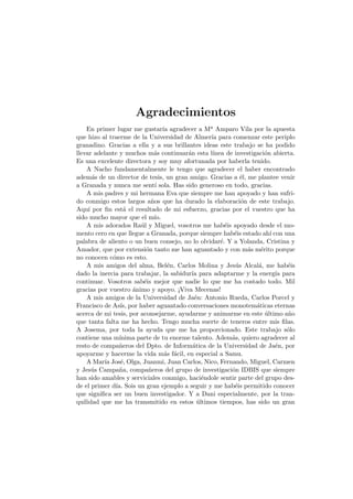 Agradecimientos
En primer lugar me gustar´ıa agradecer a Ma Amparo Vila por la apuesta
que hizo al traerme de la Universidad de Almer´ıa para comenzar este periplo
granadino. Gracias a ella y a sus brillantes ideas este trabajo se ha podido
llevar adelante y muchos m´as continuar´an esta l´ınea de investigaci´on abierta.
Es una excelente directora y soy muy afortunada por haberla tenido.
A Nacho fundamentalmente le tengo que agradecer el haber encontrado
adem´as de un director de tesis, un gran amigo. Gracias a ´el, me plantee venir
a Granada y nunca me sent´ı sola. Has sido generoso en todo, gracias.
A mis padres y mi hermana Eva que siempre me han apoyado y han sufri-
do conmigo estos largos a˜nos que ha durado la elaboraci´on de este trabajo.
Aqu´ı por ﬁn est´a el resultado de mi esfuerzo, gracias por el vuestro que ha
sido mucho mayor que el m´ıo.
A mis adorados Ra´ul y Miguel, vosotros me hab´eis apoyado desde el mo-
mento cero en que llegue a Granada, porque siempre hab´eis estado ah´ı con una
palabra de aliento o un buen consejo, no lo olvidar´e. Y a Yolanda, Cristina y
Amador, que por extensi´on tanto me han aguantado y con m´as m´erito porque
no conocen c´omo es esto.
A mis amigos del alma, Bel´en, Carlos Molina y Jes´us Alcal´a, me hab´eis
dado la inercia para trabajar, la sabidur´ıa para adaptarme y la energ´ıa para
continuar. Vosotros sab´eis mejor que nadie lo que me ha costado todo. Mil
gracias por vuestro ´animo y apoyo. ¡Viva Mecenas!
A mis amigos de la Universidad de Ja´en: Antonio Rueda, Carlos Porcel y
Francisco de As´ıs, por haber aguantado conversaciones monotem´aticas eternas
acerca de mi tesis, por aconsejarme, ayudarme y animarme en este ´ultimo a˜no
que tanta falta me ha hecho. Tengo mucha suerte de teneros entre mis ﬁlas.
A Josema, por toda la ayuda que me ha proporcionado. Este trabajo s´olo
contiene una m´ınima parte de tu enorme talento. Adem´as, quiero agradecer al
resto de compa˜neros del Dpto. de Inform´atica de la Universidad de Ja´en, por
apoyarme y hacerme la vida m´as f´acil, en especial a Samu.
A Mar´ıa Jos´e, Olga, Juanmi, Juan Carlos, Nico, Fernando, Miguel, Carmen
y Jes´us Campa˜na, compa˜neros del grupo de investigaci´on IDBIS que siempre
han sido amables y serviciales conmigo, haci´endole sentir parte del grupo des-
de el primer d´ıa. Sois un gran ejemplo a seguir y me hab´eis permitido conocer
que signiﬁca ser un buen investigador. Y a Dani especialmente, por la tran-
quilidad que me ha transmitido en estos ´ultimos tiempos, has sido un gran
 