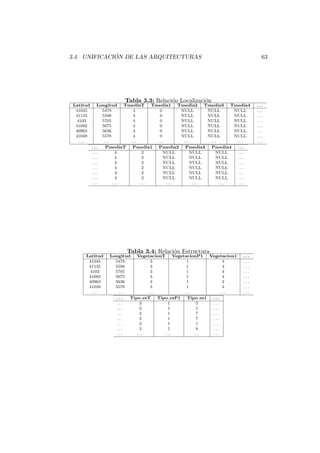 3.4. UNIFICACI ´ON DE LAS ARQUITECTURAS 63
Tabla 3.3: Relaci´on Localizaci´on
Latitud Longitud TmediaT Tmedia1 Tmedia2 Tmedia3 Tmedia4 . . .
41045 5478 4 0 NULL NULL NULL . . .
41135 5598 4 0 NULL NULL NULL . . .
4103 5705 4 0 NULL NULL NULL . . .
41082 5675 4 0 NULL NULL NULL . . .
40963 5636 4 0 NULL NULL NULL . . .
41049 5578 4 0 NULL NULL NULL . . .
. . . . . . . . . . . . . . . . . . . . . . . .
. . . PmediaT Pmedia1 Pmedia2 Pmedia3 Pmedia4 . . .
. . . 4 2 NULL NULL NULL . . .
. . . 4 2 NULL NULL NULL . . .
. . . 4 2 NULL NULL NULL . . .
. . . 4 2 NULL NULL NULL . . .
. . . 4 2 NULL NULL NULL . . .
. . . 4 2 NULL NULL NULL . . .
. . . . . . . . . . . . . . . . . . . . .
Tabla 3.4: Relaci´on Estructura
Latitud Longitud VegetacionT VegetacionP1 Vegetacion1 . . .
41045 5478 3 1 4 . . .
41135 5598 3 1 4 . . .
4103 5705 3 1 4 . . .
41082 5675 3 1 4 . . .
40963 5636 3 1 2 . . .
41049 5578 3 1 4 . . .
. . . . . . . . . . . . . . . . . .
. . . Tipo esT Tipo esP1 Tipo es1 . . .
. . . 3 1 5 . . .
. . . 3 1 1 . . .
. . . 3 1 7 . . .
. . . 3 1 7 . . .
. . . 3 1 1 . . .
. . . 3 1 8 . . .
. . . . . . . . . . . . . . .
 