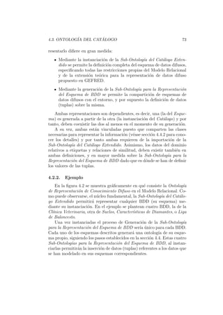 4.3. ONTOLOG´IA DEL CAT ´ALOGO 73
resentarlo diﬁere en gran medida:
Mediante la instanciaci´on de la Sub-Ontolog´ıa del Cat´alogo Exten-
dido se permite la deﬁnici´on completa del esquema de datos difusos,
especiﬁcando todas las restricciones propias del Modelo Relacional
y de la extensi´on te´orica para la representaci´on de datos difuso
propuesto en GEFRED.
Mediante la generaci´on de la Sub-Ontolog´ıa para la Representaci´on
del Esquema de BDD se permite la compartici´on de esquemas de
datos difusos con el entorno, y por supuesto la deﬁnici´on de datos
(tuplas) sobre la misma.
Ambas representaciones son dependientes, es decir, una (la del Esque-
ma) es generada a partir de la otra (la instanciaci´on del Cat´alogo) y por
tanto, deben coexistir las dos al menos en el momento de su generaci´on.
A su vez, ambas est´an vinculadas puesto que comparten las clases
necesarias para representar la informaci´on (v´ease secci´on 4.4.2 para cono-
cer los detalles) y por tanto ambas requieren de la importaci´on de la
Sub-Ontolog´ıa del Cat´alogo Extendido. Asimismo, los datos del dominio
relativos a etiquetas y relaciones de similitud, deben existir tambi´en en
ambas deﬁniciones, y en mayor medida sobre la Sub-Ontolog´ıa para la
Representaci´on del Esquema de BDD dado que es d´onde se han de deﬁnir
los valores de las tuplas.
4.2.2. Ejemplo
En la ﬁgura 4.2 se muestra gr´aﬁcamente en qu´e consiste la Ontolog´ıa
de Representaci´on de Conocimiento Difuso en el Modelo Relacional. Co-
mo puede observarse, el n´ucleo fundamental, la Sub-Ontolog´ıa del Cat´alo-
go Extendido permitir´a representar cualquier BDD (su esquema) me-
diante su instanciaci´on. En el ejemplo se plantean cuatro BDD, la de la
Cl´ınica Veterinaria, otra de Suelos, Caracter´ısticas de Diamantes, o Liga
de Baloncesto.
Una vez instanciadas el proceso de Generaci´on de la Sub-Ontolog´ıa
para la Representaci´on del Esquema de BDD ser´ıa ´unico para cada BDD.
Cada uno de los esquemas descritos generar´a una ontolog´ıa de su esque-
ma propio, siguiendo los pasos establecidos en la secci´on 4.4. Estas cuatro
Sub-Ontolog´ıas para la Representaci´on del Esquema de BDD, al instan-
ciarlas permitir´an la inserci´on de datos (tuplas) referentes a los datos que
se han modelado en sus esquemas correspondientes.
 