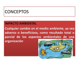 CONCEPTOS
IMPACTO AMBIENTAL
Cualquier cambio en el medio ambiente, ya sea
adverso o beneficioso, como resultado total o
parcial de los aspectos ambientales de una
organización
 