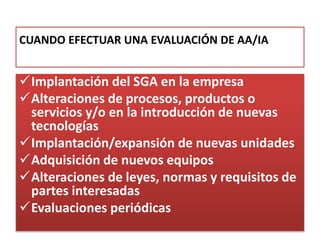 CUANDO EFECTUAR UNA EVALUACIÓN DE AA/IA
Implantación del SGA en la empresa
Alteraciones de procesos, productos o
servicios y/o en la introducción de nuevas
tecnologías
Implantación/expansión de nuevas unidades
Adquisición de nuevos equipos
Alteraciones de leyes, normas y requisitos de
partes interesadas
Evaluaciones periódicas
 
