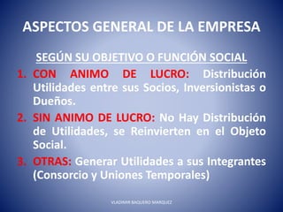 ASPECTOS GENERAL DE LA EMPRESA
SEGÚN SU OBJETIVO O FUNCIÓN SOCIAL
1. CON ANIMO DE LUCRO: Distribución
Utilidades entre sus Socios, Inversionistas o
Dueños.
2. SIN ANIMO DE LUCRO: No Hay Distribución
de Utilidades, se Reinvierten en el Objeto
Social.
3. OTRAS: Generar Utilidades a sus Integrantes
(Consorcio y Uniones Temporales)
VLADIMIR BAQUERO MARQUEZ
 