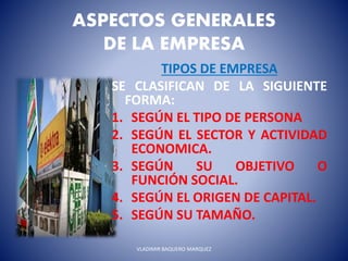 ASPECTOS GENERALES
DE LA EMPRESA
TIPOS DE EMPRESA
SE CLASIFICAN DE LA SIGUIENTE
FORMA:
1. SEGÚN EL TIPO DE PERSONA
2. SEGÚN EL SECTOR Y ACTIVIDAD
ECONOMICA.
3. SEGÚN SU OBJETIVO O
FUNCIÓN SOCIAL.
4. SEGÚN EL ORIGEN DE CAPITAL.
5. SEGÚN SU TAMAÑO.
VLADIMIR BAQUERO MARQUEZ
 