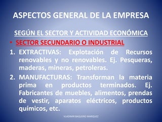 ASPECTOS GENERAL DE LA EMPRESA
SEGÚN EL SECTOR Y ACTIVIDAD ECONÓMICA
• SECTOR SECUNDARIO O INDUSTRIAL
1. EXTRACTIVAS: Explotación de Recursos
renovables y no renovables. Ej. Pesqueras,
maderas, mineras, petroleras.
2. MANUFACTURAS: Transforman la materia
prima en productos terminados. Ej.
Fabricantes de muebles, alimentos, prendas
de vestir, aparatos eléctricos, productos
químicos, etc.
VLADIMIR BAQUERO MARQUEZ
 