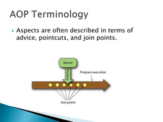 

Aspects are often described in terms of
advice, pointcuts, and join points.

 