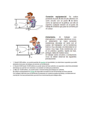 o 1. Hasta 5.000 voltios, se usarán guantes de caucho con guantelete.Los alambres o aparatos que estén
alrededor de la zona de trabajo se cubrirán con protectores.
o 2. Desde 5.000 hasta 15.000 voltios se usarán varas de línea caliente.Los aparatos o alambres alrededor
del trabajo se cubrirán con aislantes o se aislarán con tabiques protectores.
o 3. Más de 15.000 voltios, se usarán varas o herramientas para trabajos en caliente.
No deben sobrepasarse los límites de seguridad marcados en las herramientas de línea caliente.
Con voltajes inferiores que usualmente se presentan en nuestros puestos de trabajo,se debe tener en
cuenta las mismas precauciones que venimos mencionando para voltajes altos.
 