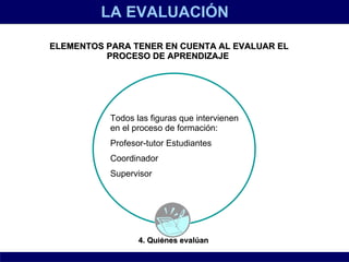 LA EVALUACIÓN ELEMENTOS PARA TENER EN CUENTA AL EVALUAR EL PROCESO DE APRENDIZAJE   4. Quiénes evalúan   Todos las figuras que intervienen en el proceso de formación:  Profesor-tutor Estudiantes Coordinador Supervisor  