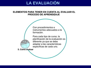 LA EVALUACIÓN ELEMENTOS PARA TENER EN CUENTA AL EVALUAR EL PROCESO DE APRENDIZAJE   5. Cómo evaluar   Con procedimientos e instrumentos adecuados a la formación.  Para cada tipo de curso, la planificación de la evaluación es diferente ya que se debe adaptar a las características específicas de cada uno.  
