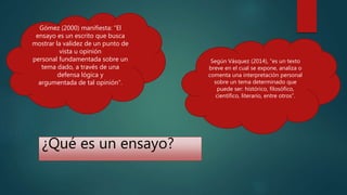 ¿Qué es un ensayo?
Según Vásquez (2014), “es un texto
breve en el cual se expone, analiza o
comenta una interpretación personal
sobre un tema determinado que
puede ser: histórico, filosófico,
científico, literario, entre otros”.
Gómez (2000) manifiesta: “El
ensayo es un escrito que busca
mostrar la validez de un punto de
vista u opinión
personal fundamentada sobre un
tema dado, a través de una
defensa lógica y
argumentada de tal opinión”.
 