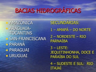 BACIAS HIDROGRÁFICAS AMAZÔNICA ARAGUAIA-TOCANTINS SAN-FRANCISCANA PARANÁ PARAGUAI URUGUAI SECUNDÁRIAS: 1 – AMAPÁ – DO NORTE 2 – NORDESTE – RIO PARNAÍBA 3 – LESTE: JEQUITINHONHA, DOCE E PARAÍBA DO SUL 4 – SUDESTE E SUL:  RIO ITAJAÍ 