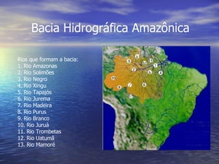 Bacia Hidrográfica Amazônica Rios que formam a bacia: 1. Rio Amazonas 2. Rio Solimões 3. Rio Negro 4. Rio Xingu 5. Rio Tapajós 6. Rio Jurema 7. Rio Madeira 8. Rio Purus 9. Rio Branco 10. Rio Juruá 11. Rio Trombetas 12. Rio Uatumã 13. Rio Mamoré 