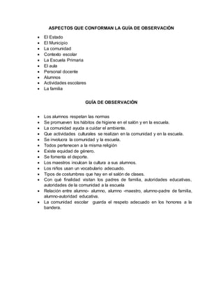 ASPECTOS QUE CONFORMAN LA GUÍA DE OBSERVACIÓN
 El Estado
 El Municipio
 La comunidad
 Contexto escolar
 La Escuela Primaria
 El aula
 Personal docente
 Alumnos
 Actividades escolares
 La familia
GUÍA DE OBSERVACIÓN
 Los alumnos respetan las normas
 Se promueven los hábitos de higiene en el salón y en la escuela.
 La comunidad ayuda a cuidar el ambiente.
 Que actividades culturales se realizan en la comunidad y en la escuela.
 Se involucra la comunidad y la escuela.
 Todos pertenecen a la misma religión
 Existe equidad de género.
 Se fomenta el deporte.
 Los maestros inculcan la cultura a sus alumnos.
 Los niños usan un vocabulario adecuado.
 Tipos de costumbres que hay en el salón de clases.
 Con qué finalidad visitan los padres de familia, autoridades educativas,
autoridades de la comunidad a la escuela
 Relación entre alumno- alumno, alumno -maestro, alumno-padre de familia,
alumno-autoridad educativa.
 La comunidad escolar guarda el respeto adecuado en los honores a la
bandera.
 