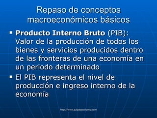 Repaso de conceptos macroeconómicos básicos Producto Interno Bruto  (PIB): Valor de la producción de todos los bienes y servicios producidos dentro de las fronteras de una economía en un periodo determinado El PIB representa el nivel de producción e ingreso interno de la economía 