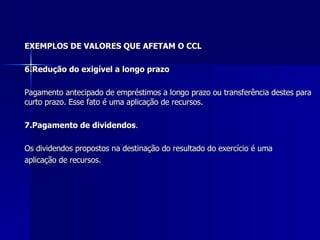 EXEMPLOS DE VALORES QUE AFETAM O CCL 6.Redução do exigível a longo prazo  Pagamento antecipado de empréstimos a longo prazo ou transferência destes para curto prazo. Esse fato é uma aplicação de recursos. 7.Pagamento de dividendos . Os dividendos propostos na destinação do resultado do exercício é uma aplicação de recursos. 