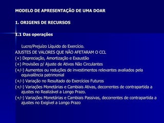 MODELO DE APRESENTAÇÃO DE UMA DOAR   1. ORIGENS DE RECURSOS 1.1 Das operações Lucro/Prejuízo Líquido do Exercício. AJUSTES DE VALORES QUE NÃO AFETARAM O CCL (+) Depreciação, Amortização e Exaustão  (+) Provisões p/ Ajuste de Ativos Não Circulantes  (+/-) Aumentos ou reduções de investimentos relevantes avaliados pela equivalência patrimonial  (+/-) Variação no Resultado do Exercícios Futuros  (+/-) Variações Monetárias e Cambiais Ativas, decorrentes de contrapartida a ajustes no Realizável a Longo Prazo. (+/-) Variações Monetárias e Cambiais Passivas, decorrentes de contrapartida a ajustes no Exigível a Longo Prazo 