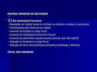 OUTRAS ORIGENS DE RECURSOS 1.2 De acionistas/Terceiros - Realização do Capital Social em dinheiro ou direitos a receber a curto prazo - Contribuições para Reservas de Capital - Aumento do Exigível a Longo Prazo  - Aumento do Resultado de Exercício Futuros - Aumento do patrimônio Líquido (outros aumento que não capital)  - Redução do Realizável a Longo Prazo - Redução do Ativo Permanente(investimento,imobilizado e diferido) TOTAL DAS ORIGENS 