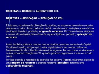 RECEITAS = ORIGEM = AUMENTO DO CCL DESPESAS = APLICAÇÃO = REDUÇÃO DO CCL   É fato que, no esforço de obtenção de receitas, as empresas necessitam suportar despesas e custos. Assim podemos  definir  receitas como variações aumentativas da riqueza líquida e, portanto,  origem de recursos . Da mesma forma, despesas e custos são variações diminutivas da riqueza líquida e, portanto,  aplicação de recursos . Assim também podemos concluir que as receitas provocam aumento do Capital Circulante Líquido, sempre que o valor registrado em tais contas realizar-se financeiramente até o término do exercício seguinte. Por seu turno, as despesas e custos provocam redução do CCL quando gerarem pagamento à vista ou a curto prazo. Por isso quando o resultado do exercício for positivo ( lucro ), estaremos diante de uma  origem de recursos  e quando negativo ( prejuízo ), teremos uma  aplicação de recursos . 