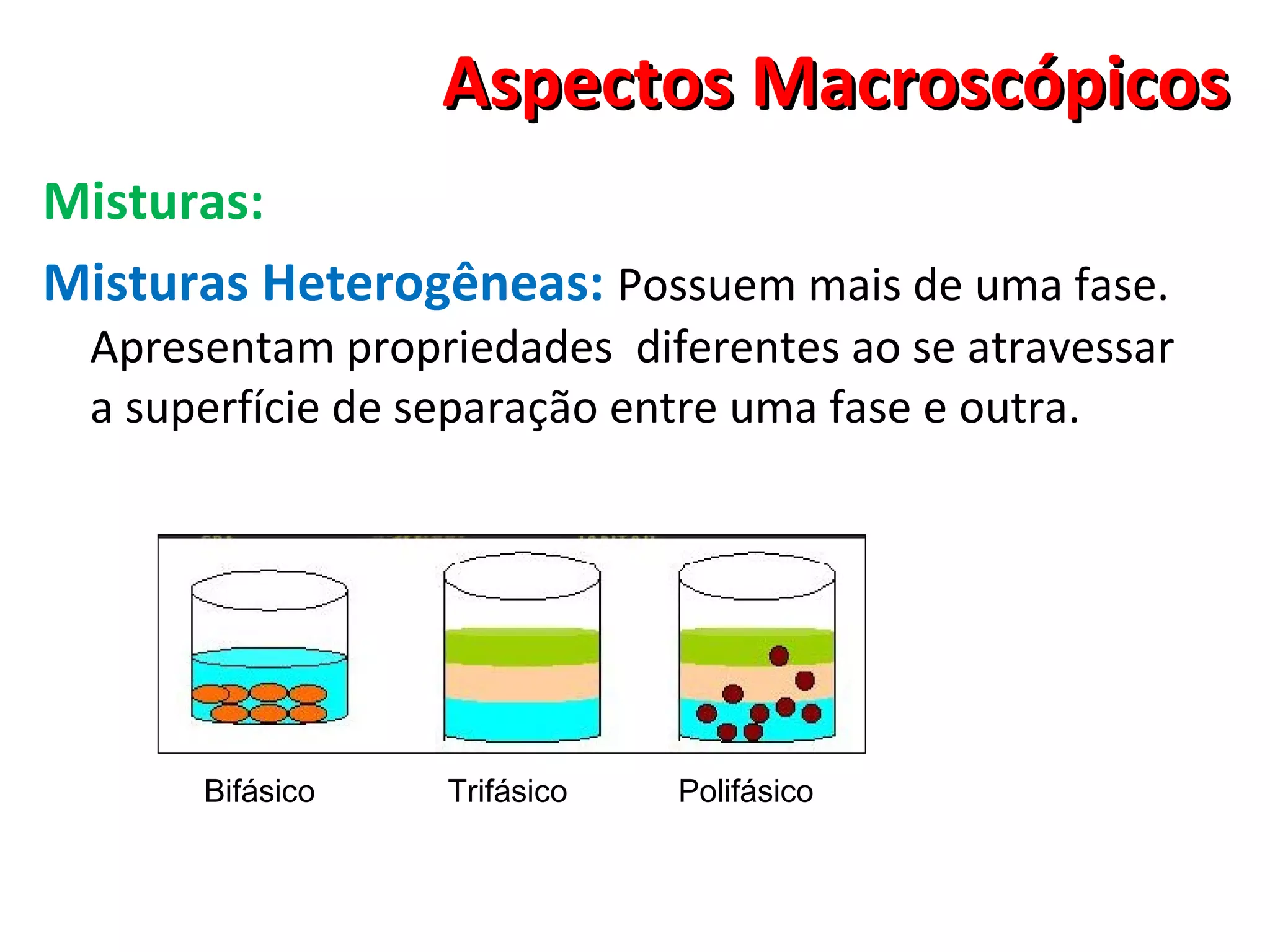 Aspectos Macroscópicos Misturas: Misturas Heterogêneas:  Possuem mais de uma fase. Apresentam propriedades  diferentes ao se atravessar a superfície de separação entre uma fase e outra.  Bifásico Trifásico Polifásico 
