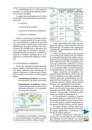 Aspectos Ambientais de uma Refinaria e Respectivas Formas de Controle
     A contaminação do ar é um problema                                         Contaminantes Contaminantes Fontes de
                                                                      Tipo
mundial, e os contaminantes chegam a disper-                                      Primários    Secundários emissão artificial
sar em toda a atmosfera.                                                                                        Queima de Com-
                                                                 Compostos de
     A origem da contaminação do ar é a fonte                                     SO2, SO3         H2SO4        bustíveis que con-
                                                                 Enxofre
de emissão. As fontes de emissão mais impor-                                                                    tenham enxofre
tantes são:                                                                                                    Queima de com-
                                                                 Compostos de                       NO2        bustíveis e proces-
     – os veículos;                                                                  NO
                                                                 Nitrogênio                                    sos em altas tem-
                                                                                                               peraturas
     – a incineração de resíduos;                                                                              Queima de com-
                                                                 Compostos de     Compostos    Aldeídos,
                                                                 Carbono                                       bustíveis, uso de
                                                                                   Cl – C3     cetonas, ácidos
     – consumo de combustíveis industriais;                                                                    solventes
                                                                 Óxidos de                                     Queima de
     – os processos industriais.                                                   CO, CO2           —
                                                                 Carbono                                       combustíveis

     Entre os controle típicos de fonte, encon-                  Compostos de      HF, HCI           —          Industrias
tram-se os equipamentos de lavagem de ga-                        Halogênios                                     metalúrgica
ses, a substituição de combustíveis por outro
                                                                      Como representação dos óxidos de nitro-
que cause menor contaminação, assim como
                                                                 gênio, NO e NO2, é comum utilizar a fórmula
modificações do próprio processo. Os conta-
                                                                 abreviada NOx. Do mesmo modo, emprega-se
minantes são emitidos para a atmosfera, que
                                                                 a fórmula SOx para designar os óxidos de en-
serve como meio de transporte, diluição e
                                                                 xofre SO2 e SO3.
transformação física e química. A melhor ma-
                                                                      Tanto o CO (monóxido de carbono) quanto
neira de se combater a poluição do ar, é im-
                                                                 o CO2 (dióxido de carbono) são provenientes
pedir que os contaminantes cheguem à atmos-
                                                                 da combustão de produtos de carbono, especi-
fera.
                                                                 ficamente de sua combustão incompleta e com-
                                                                 pleta, respectivamente. Não se considera o CO2
1.7.2 Contaminantes Atmosféricos                                 como um contaminante, entretanto, a concen-
     Existe uma variedade tão grande das subs-                   tração de CO2 tem aumentado progressivamen-
tâncias capazes de permanecerem no ar, que                       te, e seu possível efeito na meteorologia tem
fica difícil estabelecer uma classificação or-                   se transformado em um tema de inquietude.
denada. Entretanto, os contaminantes atmos-                           Alguns compostos de halogênios, tais
féricos podem ser divididos em dois grandes                      como HF (ácido fluorídrico) e HCl (ácido clo-
grupos:                                                          rídrico), originam-se em certas operações in-
     – contaminantes primários: proceden-                        dustriais, entre elas, as metalúrgicas. Os com-
        tes diretamente das fontes de emissão.                   postos de fluor são perigosos e irritantes para
                                                                 as pessoas, animais e plantas, mesmo quando
     – contaminantes secundários: origina-                       presentes em concentrações muito baixas.
       dos por interação química entre os con-                        Por partículas, entende-se qualquer subs-
       taminantes primários e os componen-                       tância, com exceção da água pura, presente na
       tes normais da atmosfera.                                 atmosfera em estado sólido ou líquido, cujo
                                                                 tamanho é microscópio. Utilizam-se vários
                                                                 termos em relação às partículas no ar.
                                                                      Os contaminantes secundários resultam
                                                                 das reações químicas na atmosfera. Vários ti-
                                                                 pos de reações podem ocorrer: reações térmi-
                                                                 cas em fase gasosa, reações fotoquímicas em
                                                                 fase gasosa, reações térmicas em fase líquida.
   Principais produtores de CFC
                                                                      As reações térmicas em fase gasosa pro-
   Principal emissão de carbono pelo desflorestamento tropical   vêm da colisão de duas moléculas com níveis
   Emissões relativas de carbono pela queima de combustíveis     de energia apropriados e constituem o tipo
   fósseis
                                                                 normal de reações químicas.                     19
                                                                      As reações fotoquímicas implicam na
     As substâncias consideradas, normalmen-                     dissociação e na excitação de uma molécula
te, como contaminantes atmosféricos, podem                       após absorção de certa radiação. As reações
ser classificadas conforme tabela a seguir:                      de fase líquida, geralmente de natureza iônica,
 