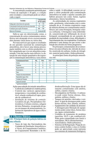 Aspectos Ambientais de uma Refinaria e Respectivas Formas de Controle
       A concentração usualmente permitida para                          sobre a saúde. A dificuldade consiste em se-
   8 horas de exposição é 20 ppm, e a relação                            parar o efeito produzido pela contaminação
   entre toxidade e concentração pode ser obser-                         atmosférica na saúde e aqueles causados por
   vada a seguir:                                                        hábitos pessoais tais como: fumar, regimes
                                                          Concentração   alimentares, fatores hereditários.
                      Toxidade                            de H2S (ppm)        As enfermidades do sistema respiratório
   Fadiga após várias horas de exposição                   70 – 150      estão, geralmente, relacionadas com a conta-
   Concentração limite para uma hora de exposição         170 – 300      minação do ar. O sistema respiratório reage
                                                                         de maneira distinta aos contaminantes atmos-
   Condições graves após 30 minutos                       400 – 700
                                                                         féricos, tais como bronquite, bronquite crôni-
   Morte em 30 minutos                                    Acima de 600   ca e enfisema. A bronquite é uma enfermida-
        Sabe-se que em determinadas zonas, a                             de, caracterizada por inflamação da árvore
   concentração de certos contaminantes atmos-                           bronquial, acompanhada de um aumento da
   féricos tem alcançado níveis excessivamente                           produção de mucosidade e tosse, dificultando o
   altos durante várias horas ou vários dias.                            funcionamento das vias respiratórias. O enfisema
        Por mais terríveis que sejam os resultados                       pulmonar é uma doença em que ocorre a des-
   de um episódio ocasional de contaminação                              truição dos alvéolos de forma progressiva.
   atmosférica, deve haver uma intensa preocu-                                Os principais contaminantes do ar atmos-
   pação também com os efeitos produzidos so-                            férico em uma refinaria são: dióxido de enxo-
   bre a população que vive em atmosfera conta-                          fre, monóxido de carbono, óxidos de nitrogê-
   minada. Uma das tarefas mais difíceis é a ob-                         nio, material particulado e hidrocarbonetos.
   tenção de uma relação quantitativa da exposi-                              As principais fontes de poluição atmosfé-
   ção à contaminação atmosférica e seus efeitos                         rica são:
              ContaminantesFontes                   SO2        NOx       CO *         Material Particulado Hidrocarbonetos
              Fornos                                X           X         X                           X
              Caldeiras                             X           X         X                           X
              Regeneradores                         X           X         X                           X
              Incineradores                         X                                                 X
              Flare                                 X           X        X                            X
              Tanques de armazenamento                                                                X
              Separadores água /óleo                                                                  X
              Unidade de Flotação                                                                     X
              Lagoas de aeração                                                                       X
              * queima incompleta
        Ações para redução da emissão atmosférica:                                  drodessulfurização. Estas águas são al-
        – Controle do combustível e matéria-prima;                                  tamente contaminadas com amônia,
        – Controle das variáveis operacionais:                                      sulfeto, cianeto e fenóis;
          temperatura e viscosidade do combus-                                  –   Dessalgadoras de Petróleo: A salmou-
          tível, relação combustível/vapor, pres-                                   ra pode conter borras oleosas, óleo,
          são do combustível;                                                       amônia, sulfetos e fenóis;
        – Instalação de sistemas de controle:                                   –   Tanques de petróleo, derivados e resí-
          Lavadores de gás, Precipitadores Ele-                                     duos: A água de drenagem pode conter
          trostáticos, Ciclones externos, selagem                                   borras oleosas, óleo, amônia, sulfetos;
          de tetos flutuantes, recuperação de ga-                               –   Equipamentos das unidades de processo:
          ses em tanques de armazenamento, co-                                      A drenagem para liberação de equipa-
          bertura de separadores de água e óleo e                                   mentos pode conter óleos, borras oleo-
          flotadores.                                                               sas, águas contaminadas;
                                                                                –   Unidades de tratamento de produtos
   1.8 Efluentes Hídricos                                                           (gasolina, GLP e gás combustível):
   1.8.1 Principais fontes de poluição hídrica em                                   Soda gasta contaminada com fenóis e
24 uma refinaria                                                                    mercaptans, DEA (dietanolamina);
                                                                                –   Amostradores: Hidrocarbonetos;
      – Vasos de topo das fracionadoras das                                     –   Sistemas de Refrigeração: Purga do sis-
         Unidades de Destilação Atmosférica e                                       tema contém fosfato e zinco (o fosfato
         a Vácuo, de Craqueamento Catalítico,                                       pode ser aproveitado como nutriente
         de Coqueamento Retardado e de Hi-                                          nos sistemas de tratamento biológico);
 